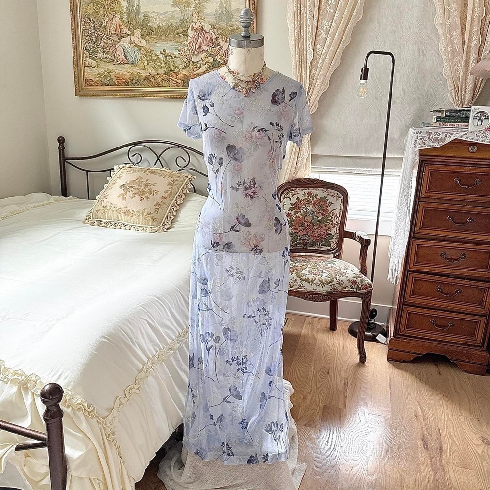 90s blue floral maxi 90s large light blue sheer floral maxi dress